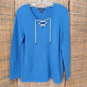 Designers Originals Sweater Medium Blue Drawstring V Neck Long Sleeve Cozy Comfy